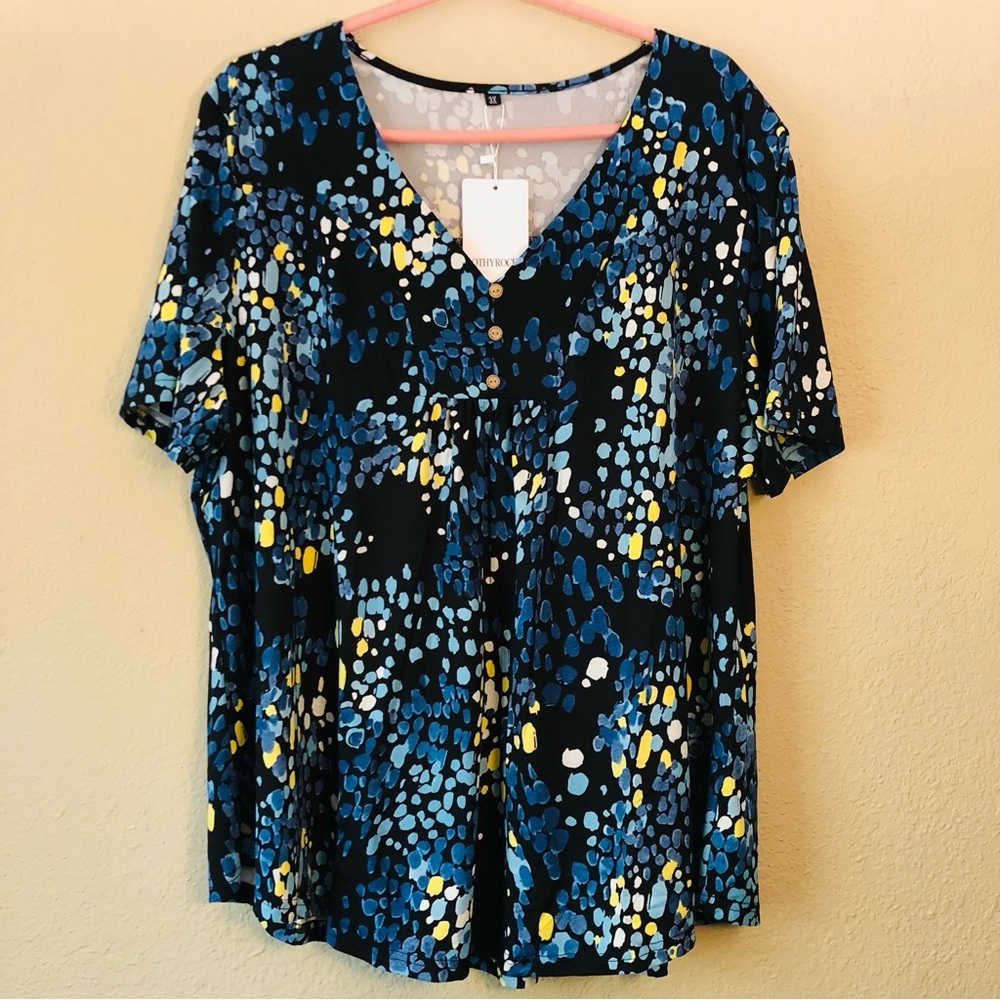 Othyroce Women's Plus Size 3X Tops Short Sleeve Blue Abstract Print Front Button